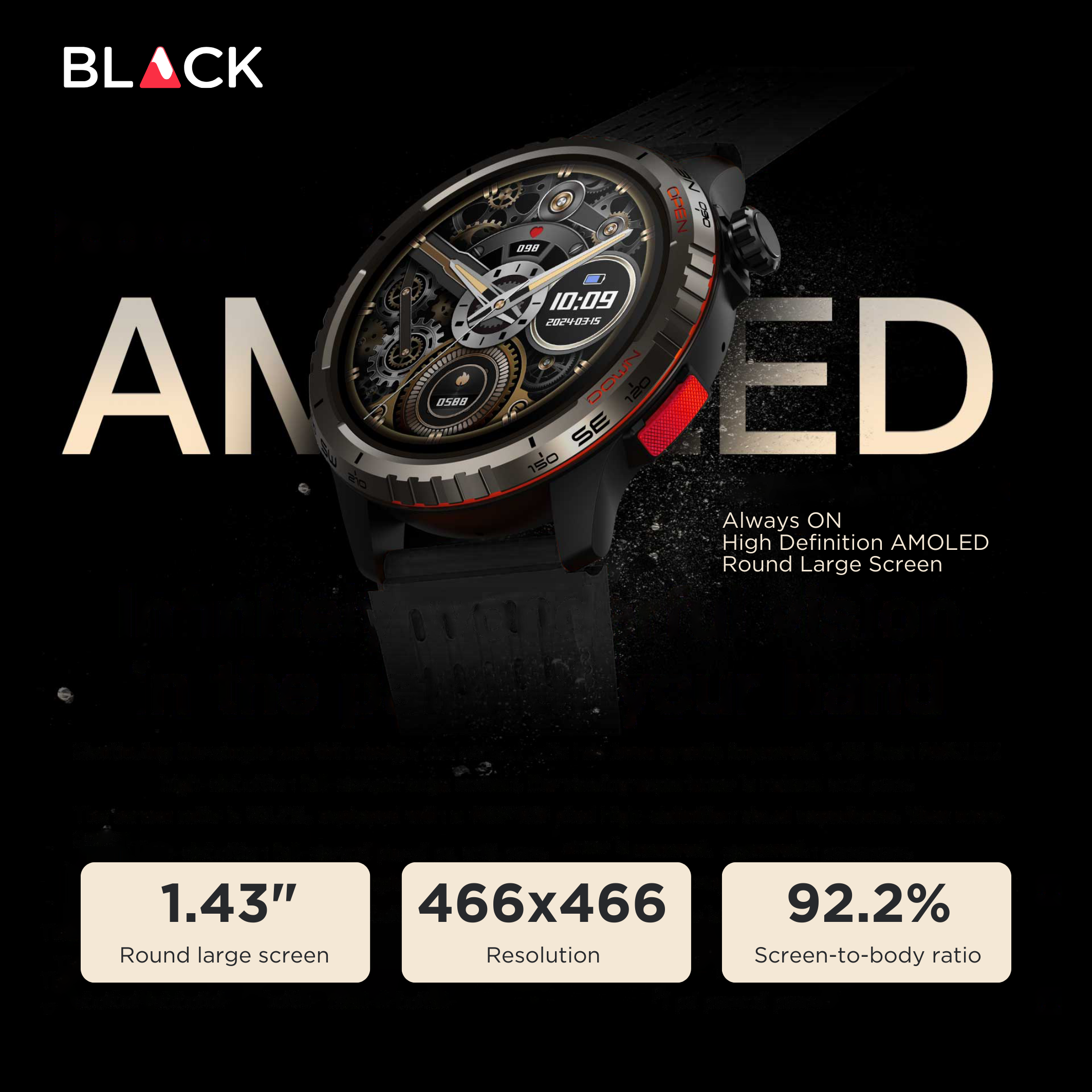 BLACK Fit X GPS Waterproof Health Monitor Smartwatch, Upto 15 Day battery, AMOLED Always ON screen, 1Yr Warranty BLACK Fit X GPS Waterproof Health Monitor Smartwatch, Upto 15 Day battery, AMOLED Always ON screen, 1Yr Warranty